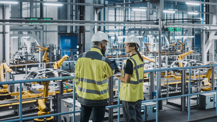 Poster - Male Specialist and Female Car Factory Engineer in High Visibility Vests Using Laptop Computer. Automotive Industrial Manufacturing Facility Working on Vehicle Production. Diversity on Assembly Plant.