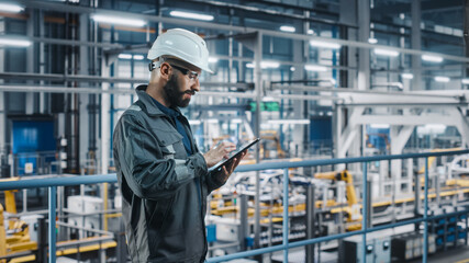 Leinwandbilder - Car Factory Engineer in Work Uniform Using Tablet Computer. Automotive Industry 4.0 Manufacturing Facility Working on Vehicle Production with Robotic Arms Technology. Automated Assembly Plant.