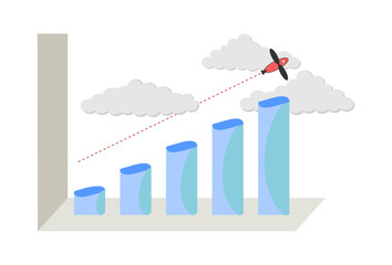 Sticker - Bar chart with constant uptrend. Climb up to the clouds. Increase in sales and profits. Concept of constant business growth. 