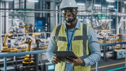 Aufkleber - Portrait of Automotive Industry Engineer in Safety Uniform Using Tablet at Car Factory Facility. Happy Assembly Plant African American Man Specialist Working on Manufacturing Modern Electric Vehicles.