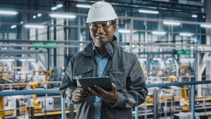 Poster - Portrait of Automotive Industry Engineer in Safety Uniform Using Tablet at Car Factory Facility. Happy Assembly Plant Multiethnic Man Specialist Working on Manufacturing Modern Electric Vehicles.
