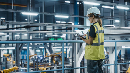 Aufkleber - Female Car Factory Engineer in High Visibility Vest Using Tablet Computer. Automotive Industrial Manufacturing Facility Working on Vehicle Production with Robotic Technology. Automated Assembly Plant.