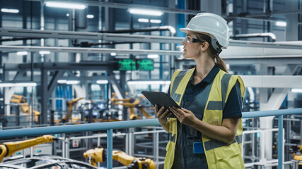 Poster - Female Car Factory Engineer in High Visibility Vest Using Tablet Computer. Automotive Industrial Manufacturing Facility Working on Vehicle Production with Robotic Technology. Automated Assembly Plant.