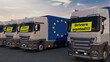 Trucks with a drivers wanted sign - Truck drivers shortage in the EU - european trade doesn’t work - A lorry with a EU flag cannot proceed - 3D illustration
