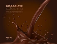 Chocolate Or Cocoa Milk Flow With Corona Splash And Splatters. Vector Stream With Crown Swirl, Brown Liquid Splashing With Droplets Background. Realistic 3d Dynamic Pouring, Choco Promo Ad