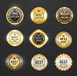 © Vector Tradition - Best seller golden labels, award seal, medal badges with laurel wreaths. Vector premium quality gold emblems with stars and crowns. Company or brand product tags or stamps luxury design isolated set