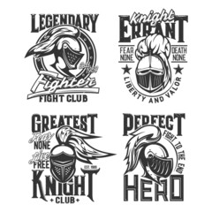 Medieval knights and warriors t-shirt prints. Fighting club clothing custom design print templates. Monochrome vector knight armor, metal helmet with feather plume and shield