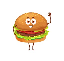 Sticker - Cartoon funny fast food hamburger character. Vector fastfood meal mascot, happy burger emoji, beefburger with meat and vegetables waving hand. Junk meal character isolated on white