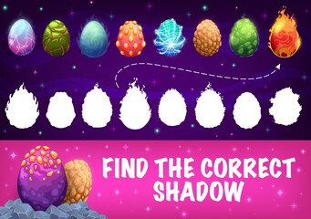 Poster - Find correct shadow of fantastic cartoon dinosaur eggs, vector kids tabletop game. Children puzzle riddle or board game to find similar silhouette eggs of dino dragon or cosmic dinosaur