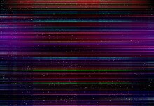 Glitch Effect Color Distortion Monitor, Screen Lines And Pixel Noise. Broken Screen, Computer Display Failure Or Problem Or TV Analog Signal Loss Vector Background With RGB Pixels Lines Distortion