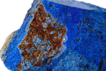 Macro Azurite mineral stone with Pyrite inserts on a white background