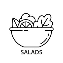 Salad Linear Icon. Outline Simple Vector Of Bowl With Fresh Vegetables And Greens. Contour Isolated Pictogram On White Background