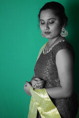 Poster - Beautiful female posing in an elegant dress with jewelry and makeup against a green wall