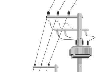 Cement high voltage electric pole power with transformer and drop fuse on white background flat vector design.