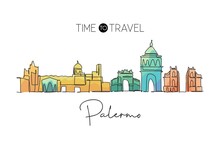 One Single Line Drawing Palermo City Skyline, Italy. Historical Skyscraper Landscape In World. Best Holiday Destination Home Wall Decor Poster. Trendy Continuous Line Draw Design Vector Illustration