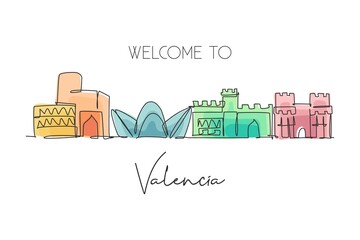 Wall Mural - Single continuous line drawing of Valencia city skyline, Spain. Famous skyscraper and landscape postcard. World travel wall decor poster print concept. Modern one line draw design vector illustration