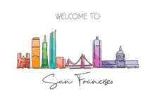 One Continuous Line Drawing San Francisco City Skyline, United States Of America. Beautiful Landmark. World Tourism Travel Vacation Poster. Editable Stroke Single Line Draw Design Vector Illustration