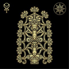 Cartoon drawing: ancient mystical tree, Sumerian mythology. Symbol of fertility and abundance. Signs: moon and star Astarte. Vector illustration isolated on a black background. Imitation of gold.