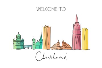 Wall Mural - One single line drawing of Cleveland city skyline, USA. Historical town landscape in world. Best holiday destination wall decor poster print art. Trendy continuous line draw design vector illustration