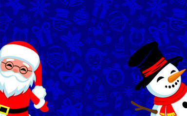 Poster - Festive Christmas banner with Santa Claus and snowman on blue background.