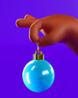 Cute medium skin tone 3D hand holding a light blue christmas ball tree decoration over purple background