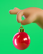 Cute light skin tone 3D hand holding a red christmas ball tree decoration over green background