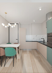 Sticker - Small kitchen interior in modern style with green accents. 3D rendering.