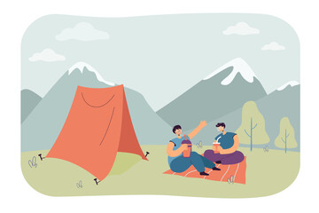 Wall Mural - Cartoon couple on date at campsite in mountains. Girlfriend and boyfriend sitting on blanket in front of tent flat vector illustration. Romance, vacation, camping concept for banner or website design