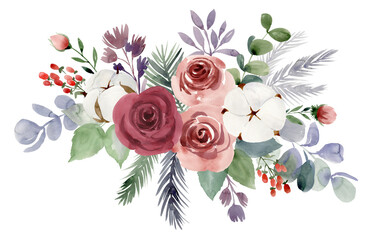  Watercolor christmas bouquet with flowers.