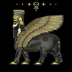  Animation drawing: Assyrian mythical deity Shedu - winged bull with  head of person. Character in Sumerian mythology. Vector illustration isolated on a black background.