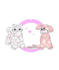 A grey vector cat and a light dog sitting together nearby a plate of food, a smiling dog in love looking at a beloved cat, loving couple of animals decorated by hearts and circles, two funny сute pets