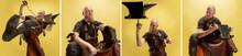 Collage Of Comic Portraits Of Muscular Bearded Bald Man, Blacksmith In Leather Apron Isolated On Yellow Background.
