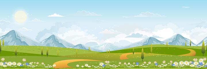 Wall Mural - Seamless pattern Spring green fields landscape with mountain, blue sky and clouds background,Endless rural nature in springtime with green grass land.Cartoon vector for Spring and Summertime banner