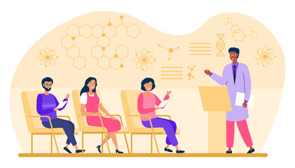 Doctors listening to lecture concept. Scientist speaks to audience and presents new research in field of healthcare or chemistry. Medical congress or conference. Cartoon flat vector illustration