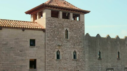 Canvas Print - Exterior Of Historic Building Of Demarcation of Girona of the College of Architects of Catalonia In Spain. medium slider shot.