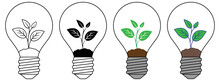Green Light Bulb With Seedling Plant Clipart - Outline, Silhouette And Color