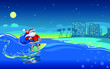 Santa Surfing at Christmas Moon Night on Wave Beach Hotel Approaching
