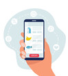 © Pixuliana - Hand holds a phone with a list of groceries. Online shopping. Vector illustration in a flat style.