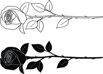 Poster - Rose with Stem, Leaves and thorn Clipart Set - Outline and Silhouette