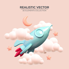 Rocket ship in space around the crescent and stars. Realistic 3d rocket. Vector illustration with flying shuttle. Space travel. Space rocket. Launch new project start up concept. Vector illustration