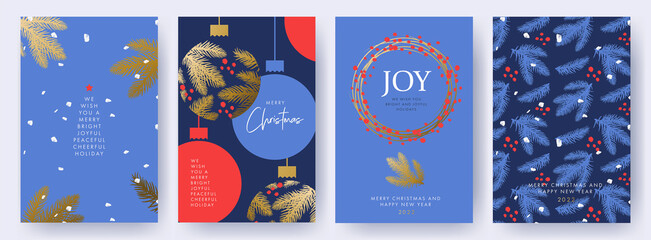 Merry Christmas and Happy New Year Set of greeting cards, posters, holiday covers. Elegant Xmas design in blue, red and gold colors with hand drawn fir branches, Christmas balls and brush painted snow