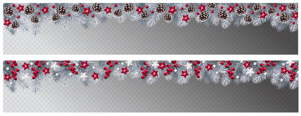 Wall Mural - Vector border with white fir branches and with festive decoration elements on transparent background. Christmas tree garland with fir branches, pine cones, and glass decoration