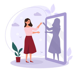 Wall Mural - Psychology concept of finding and meeting shadow personality. Woman stands in front of mirror and touches her dark side. Unknown part of personality. Cartoon contemporary flat vector illustration