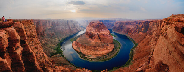 Wall Mural - Close to the edge. Panoramic view at Horseshoe Bend, a meander of Colorado river in Grand Canyon National Park, Arizona