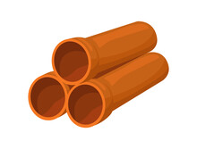 Cartoon Plastic Pipes. Orange Drain Pipe, Pvc Tubes For Repair Canalisation, Sewer Tube, Building Materials, Cartoon Flat Vector Icon Illustration