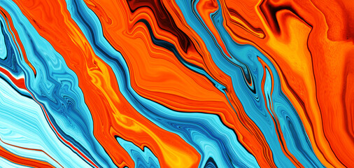 Wall Mural - Abstract orange fluid texture background with blue water waves. Alcohol ink color gradient. Trendy Art flyer. Luxury poster. Swirling paint effect. Wallpaper design. Backdrop. Earthy tones. Energy.