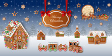 Merry Christmas Background With Gingerbread Cookies On Snowy Landscape