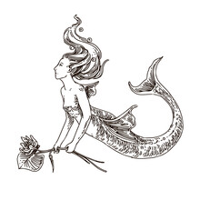 Mermaid Holding A Water Lily In Her Hands. Sketch. Engraving Style. Vector Illustration.