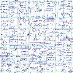 Information technology vector seamless pattern with handwritten programming code and diagram charts, grid copybook paper