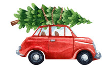 Watercolor Red Car With Christmas Tree